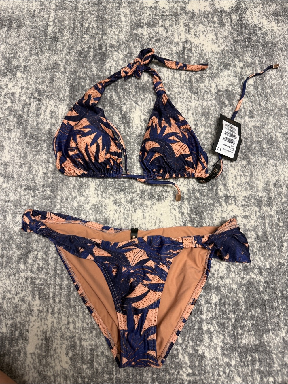 Triangle Halter Bikini in Navy and Peach Palm Print